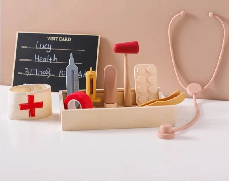 Kit Médico de Madeira para crianças, Brinquedo educativo kit médico realista, Instrumentos médicos de madeira para brincar, Conjunto de médico pediátrico de madeira, Brinquedo de kit médico para desenvolvimento infantil