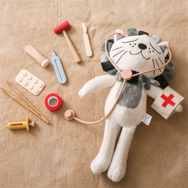 Kit Médico de Madeira para crianças, Brinquedo educativo kit médico realista, Instrumentos médicos de madeira para brincar, Conjunto de médico pediátrico de madeira, Brinquedo de kit médico para desenvolvimento infantil